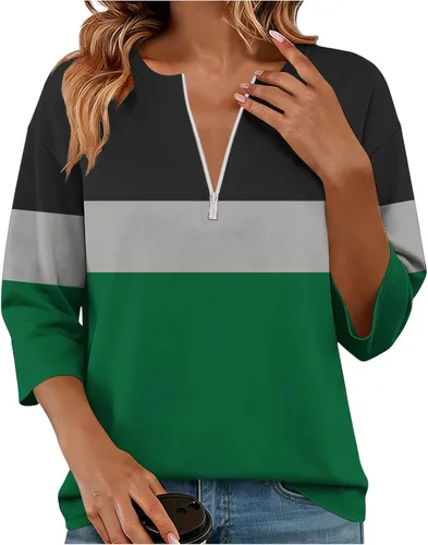 Miniatura 19 de Sudadera de manga larga con media cremallera para mujer, de gran tamaño, bloque de color, con cremallera de un cuarto, camisas de moda de primavera