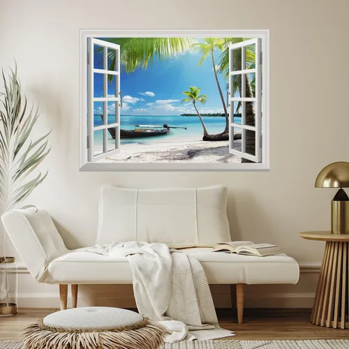 Miniatura 3 de wall26 Mural de pared adhesivo extraíble – Barco en la orilla del mar Decoración creativa de pared con vista de ventana – 24 x 32 pulgadas Barco