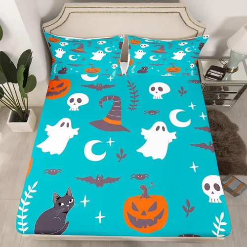 Miniatura 27 de Juego de ropa de cama de Halloween con patrón de sombras kawaii, sábana bajera tamaño queen, decoraciones de calabaza, luces de calabaza góticas