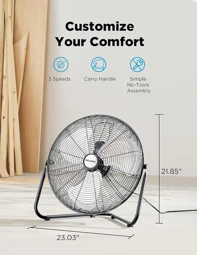 Miniatura 7 de Pelonis Ventilador de piso de 20 pulgadas, ventilador de piso de alta velocidad de metal resistente con 3 velocidades, cabezal inclinable ajustable