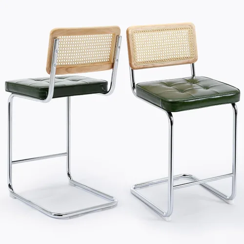 Miniatura 12 de ONEVOG Juego de 3 taburetes de bar de 26 pulgadas de altura de mostrador para cocina, modernas sillas tapizadas de ratán de mediados de siglo