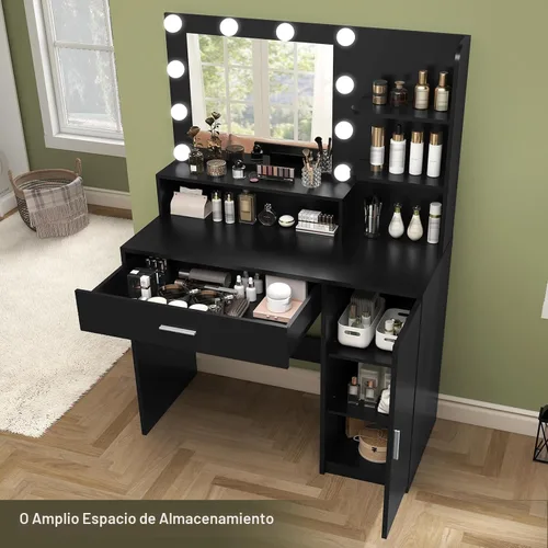 Miniatura 5 de Quimoo Escritorio de Tocador de Maquillaje con Espejo y Luces, Escritorio de Tocador con 5 Cajones y Estantes de Almacenamiento, Mesa de Tocador, 3