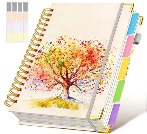 Miniatura 56 de Cuaderno universitario de espiral con tapa dura de cuero de 8 x 10 pulgadas, con pestañas separadoras extraíbles, para 5 materias, a rayas; diario