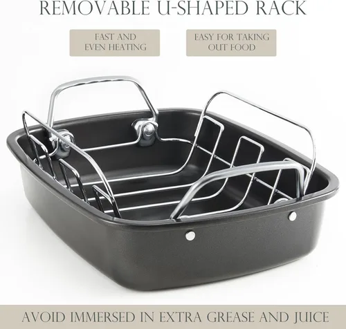 Miniatura 6 de KITESSENSU Sartén antiadherente para asar pavos con estante de 17 x 14 pulgadas, sartén grande para asar pollo para horno, asas más anchas