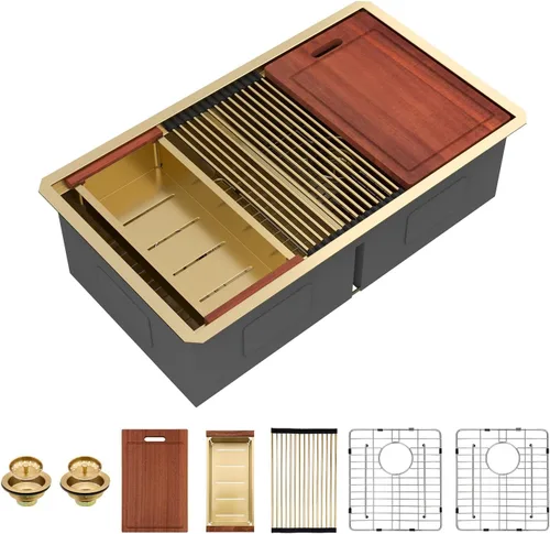 Sarlai Fregadero de Cocina Dorado Bajo Encimera de 33 Pulgadas Doble Tazón 33 x 19 Pulgadas Bajo Dividido Dorado Estación de Trabajo Fregadero Doble