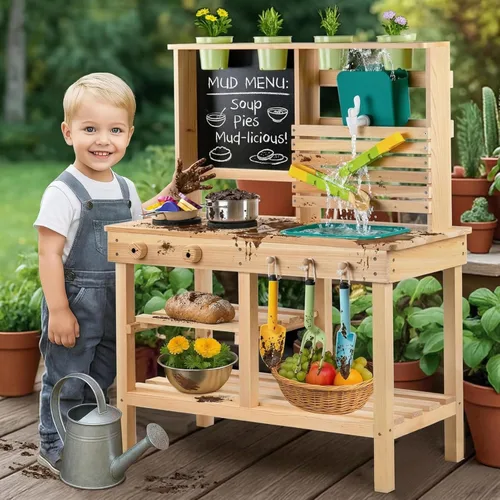Cocina de barro para niños al aire libre, juego de cocina de madera para niños pequeños con fregadero, utensilios de cocina, estufa, pizarra, grifo