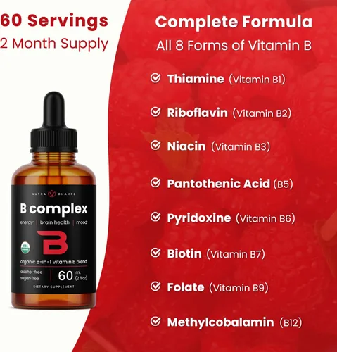 Miniatura 7 de Gotas líquidas orgánicas de complejo de vitamina B USDA Suplemento complejo de vitaminas B con gotas B1, B2, B3, B6, B7, B9 y metil B12