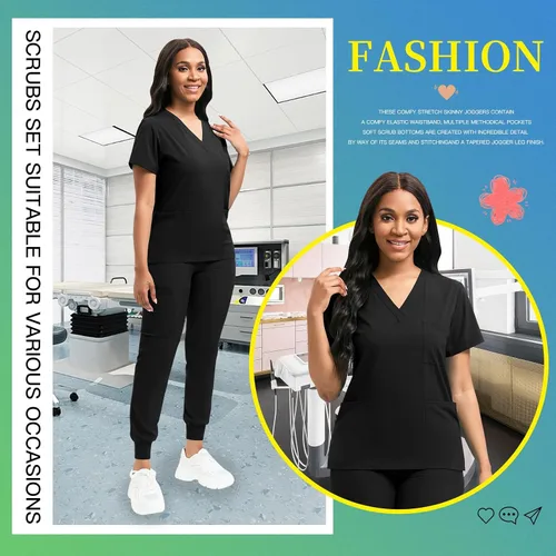 Miniatura 4 de niaahinn Conjunto de ropa quirúrgica clásica con cuello en V y pantalón deportivo de yoga, uniforme médico de enfermería