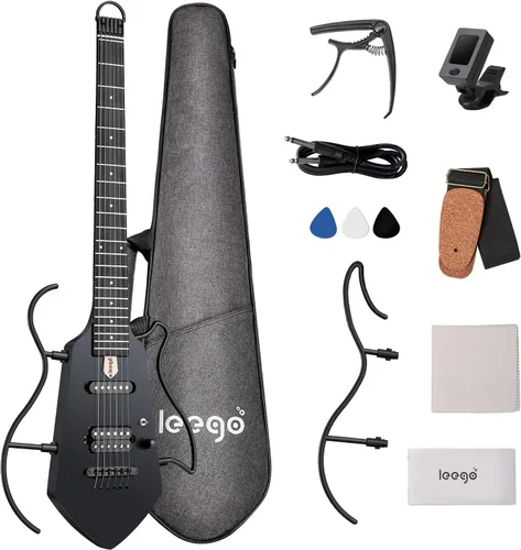 Miniatura 6 de Mini guitarra eléctrica de viaje, pequeña guitarra ligera sin cabeza para práctica, cuerpo sólido compacto portátil fácil de montar con soportes