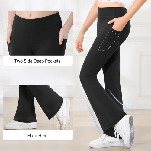 Miniatura 5 de Stelle Leggings acampanados para niña con bolsillos, cintura alta, corte de bota, pantalones de yoga para danza, pantalones acampanados