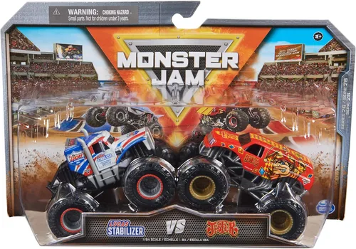 Monster Jam Camión fundido a presión oficial a escala 1:64 2023, paquete de 2 unidades, estabilizador Lucas 26 vs Jester