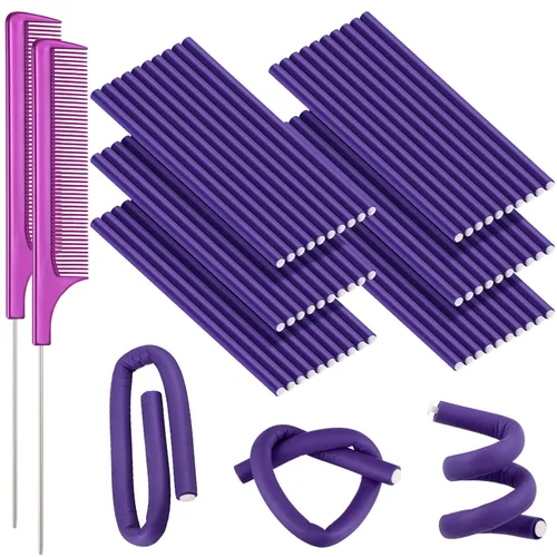 Miniatura 8 de WILLBOND 60 varillas rizadoras flexibles, rodillos flexibles, sin calor, para cabello largo y corto para mujeres (0.3 x 7 pulgadas, morado)