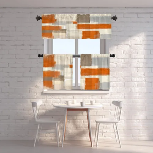 Miniatura 7 de Shrahala Beige and Orange Abstract Art Brushstrokes Blackout Curtain Tiers, Abstract Oil Paint Kitchen Valance Light Blocking Tier Drapes with Rod
