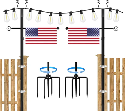 Paquete de 2 postes de luz de cadena – postes de iluminación de metal pesado de 10 pies, soporte ajustable para exteriores con tenedor para patio