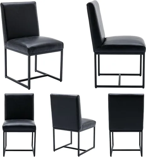 Miniatura 7 de Juego de 2 sillas de comedor modernas de tela, tapizadas de piel sintética, sillas de cocina sin brazos de mediados de siglo con patas negras