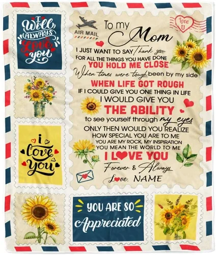 Miniatura 37 de Manta de vellón personalizada con texto en inglés «To My Mom», diseño de girasol de hija e hijo, carta de amor con texto en inglés «You are the