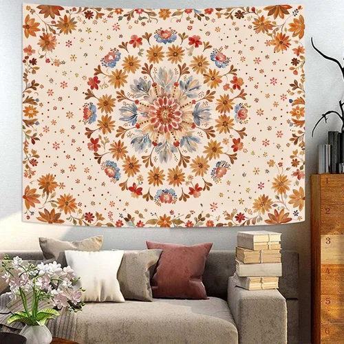 Miniatura 2 de Fowocu Tapiz bohemio con mandala floral para colgar en la pared, medallón de flores bohemias, tapiz estético, beige, naranja, hippie, indio, pequeño