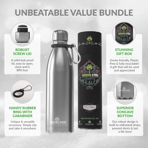 Miniatura 2 de Greens Steel Botella de agua de acero inoxidable - 17 onzas, acero Pared doble aislada al vacío con tapa de rosca/a prueba de fugas Cantín