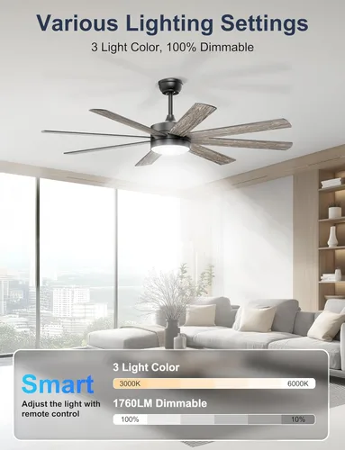 Miniatura 5 de Ventiladores de techo de 60 pulgadas con luces – Moderno ventilador de techo negro con control remoto/aplicación, regulable, silencioso ventilador