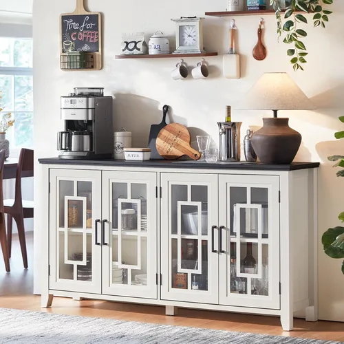 Miniatura 14 de Aparador Grande Buffet con Almacenamiento, 32" Mueble de Cocina Estilo Granja Azul Marino para Café y Vino con 2 Puertas de Vidrio, Mesa Aparador