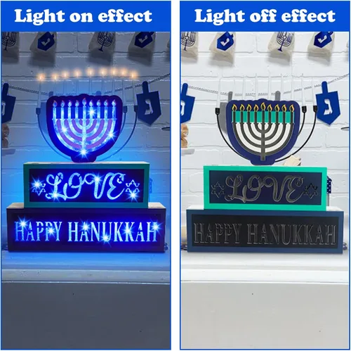 Miniatura 3 de Decoraciones iluminadas de Hanukkah, letrero de madera con 81 luces LED, funciona con pilas, letrero de puerta de menorá para centro de mesa