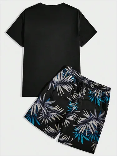 Miniatura 102 de GORGLITTER Conjunto de 2 piezas de camiseta gráfica de manga corta para hombre, estampado hawaiano con cordón y pantalones cortos