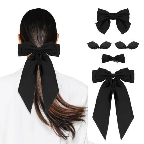 5 pinzas para el cabello con lazos negros para mujeres, pasadores de pelo con lazo de cinta, horquilla francesa de lazo grande, pinzas de metal para
