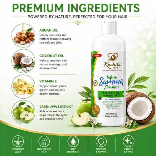 Miniatura 4 de Kachita Spell Nuevo Champú Hidratante Hidratante Intenso Verano Sin Sulfatos y Parabenos Para Cabello Seco Medio a Grueso, Color Tratado Hecho