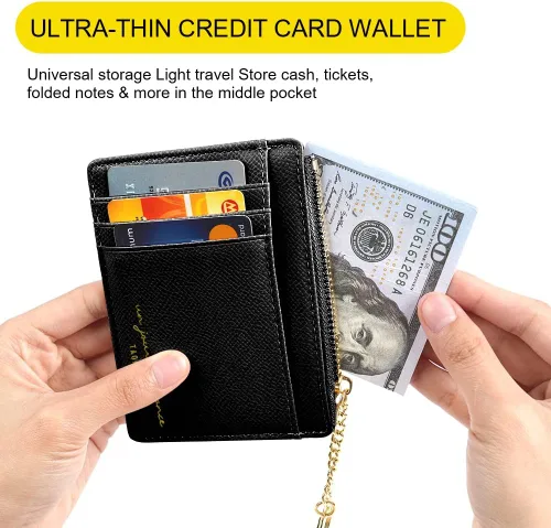 Miniatura 103 de URAQT Cartera para tarjetas de crédito, cartera minimalista de cuero delgado con cremallera, mini protector de tarjeta de crédito, llavero bolsillo