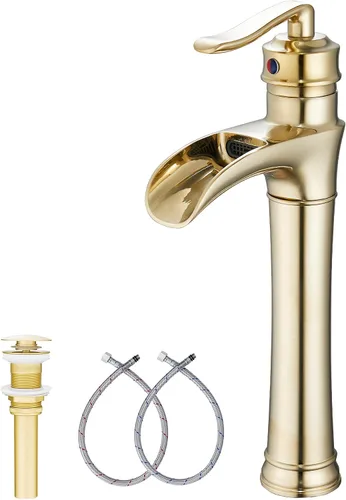 Miniatura 14 de Grifo de baño de cascada de latón antiguo GGStudy con una sola manija de un agujero, grifo de lavabo de baño a juego con drenaje desplegable