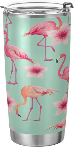 Vaso de 20 onzas con tapa y pajilla, de acero inoxidable aislado al vacío, taza de café y agua, hermosa taza de viaje de flamenco rosa, taza térmica