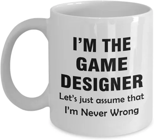 Miniatura 3 de Taza para desarrollador de juegos, con texto en inglés "Lets Just Assume Im Never Wrong