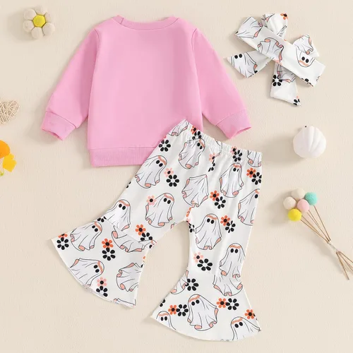 Miniatura 44 de Traje de Halloween para bebé niña, manga larga, cuello redondo, letras de fantasma, parte superior con estampado de fantasma, parte inferior