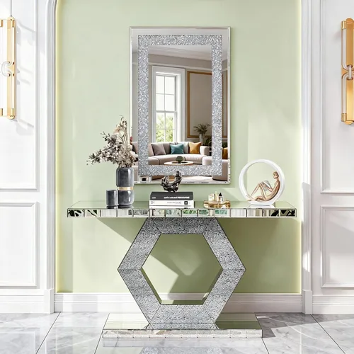 Miniatura 31 de Mesa Consola Negra con Espejo, Mesa de Sofá de Cristal Rectangular de 48 pulgadas con Elementos Tallados Vintage con Espejo, Muebles de Espejo