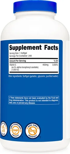 Miniatura 5 de Nutricost Vitamina E 1,000 UI (450 mg) 240 cápsulas blandas - Sin OMG, sin gluten