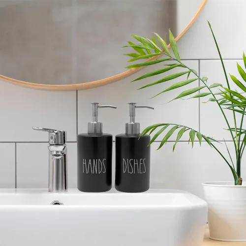 Miniatura 7 de Modern Farmhouse - Juego de dispensador de jabón para manos y platos de cerámica para cocina, bombas de acero inoxidable, botellas negras de 14