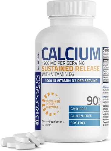 Bronson Calcio 1200 mg por porción liberación sostenida con vitamina D3 1000 UI de vitamina D3 por porción sin OMG, 90 tabletas