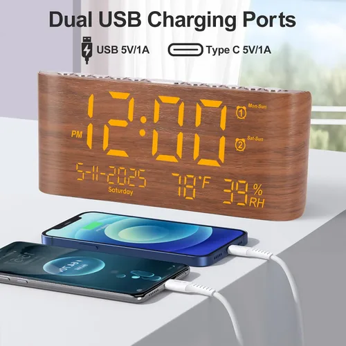 Miniatura 5 de PPLEE Reloj despertador digital de 8.7 pulgadas para dormitorio, reloj digital con día de la semana, mes, año, humedad y temperatura, brillo