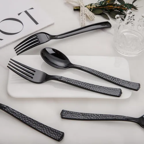 Miniatura 9 de KIRE 400 piezas cucharas y tenedores de plástico negro desechables - Juego de cubiertos de plástico negro desechables - 200 tenedores, 200 cucharas