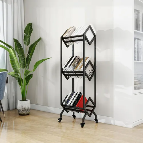 Miniatura 2 de VENNQD Estantería de metal industrial para libros, soporte de 3 niveles con ruedas, diseño moderno y elegante, revistas, archivos, álbum de recetas