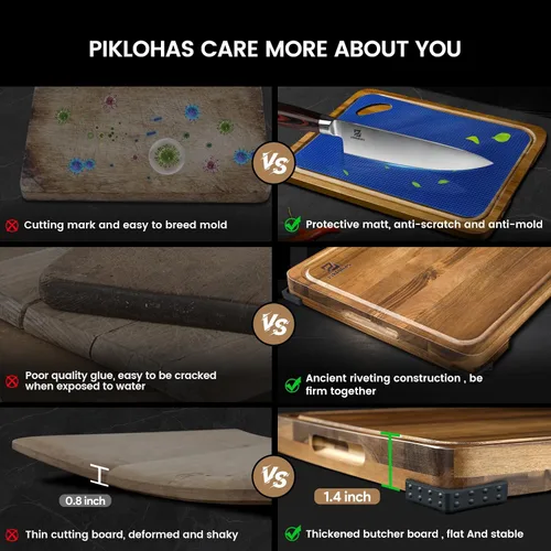 Miniatura 3 de Juego de 7 tablas de cortar grandes, tabla de cortar de madera de acacia para cocina con soporte pies antideslizantes, alfombrillas de plástico