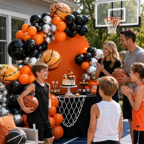 Miniatura 5 de Kit de guirnalda de globos de baloncesto, globos metálicos naranjas, negros y plateados con globos de papel de aluminio de baloncesto para Rojo Azul