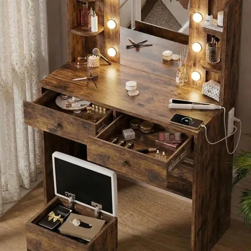 Miniatura 3 de Haewon Escritorio de tocador con espejo y luces, tocador de maquillaje con 10 bombillas LED y 3 modos de color, juego de tocador con tomas