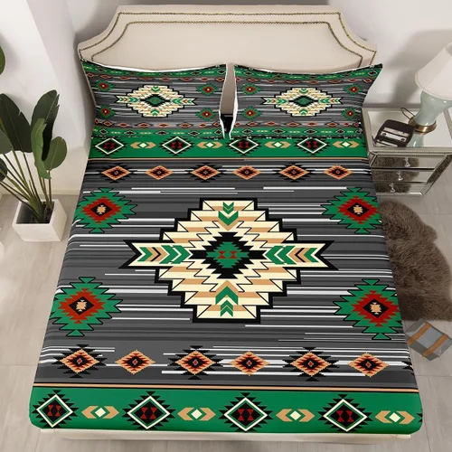 Miniatura 10 de Homewish Western Fitted Sheets Twin Size (No Flat),Retro Country Tribal Bedding Set 2Pcs,Kids Girls Boys Room Decor,Southwest Aztec Stripes Bed