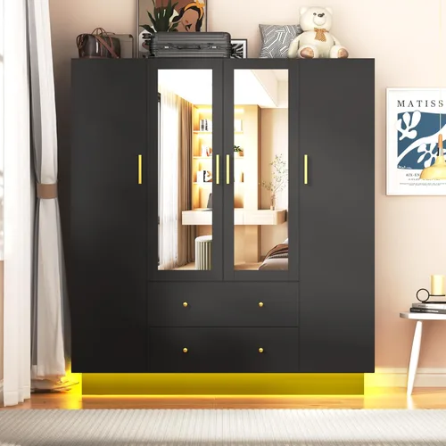 Miniatura 11 de Armario de 3 puertas con espejo, armario LED con puertas y cajones, armario de almacenamiento de madera con barra para colgar, estantes ajustables