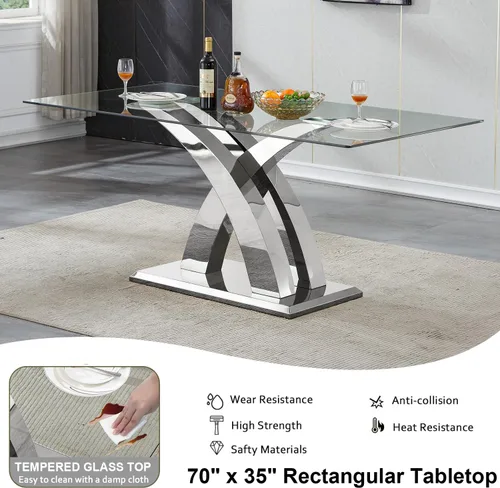 Miniatura 4 de Juego de mesa de comedor de cristal plateado moderno de 70 pulgadas para 4, juego de mesa de comedor rectangular de 5 piezas con patas de acero
