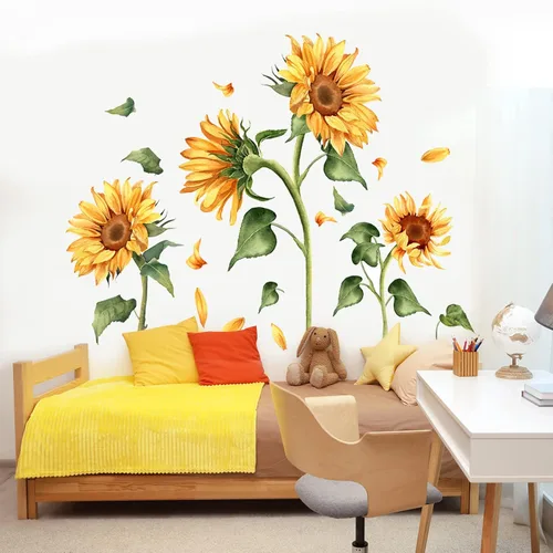 Miniatura 3 de Calcomanía de pared vintage de girasol, diseño floral de jardín, flores amarillas con hojas verdes, calcomanías de pared para despegar y pegar