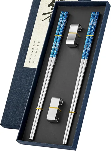 Miniatura 8 de FOFAYU Palillos de metal reutilizables, 5 pares de palillos de acero inoxidable multicolor, aptos para lavavajillas, cuadrados, ligeros