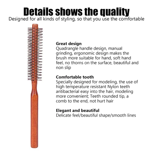 Miniatura 3 de Cepillo de pelo redondo para secado con nailon suave, cepillo de pelo redondo rizado en caliente con mango de madera, unisex para secado con soplado