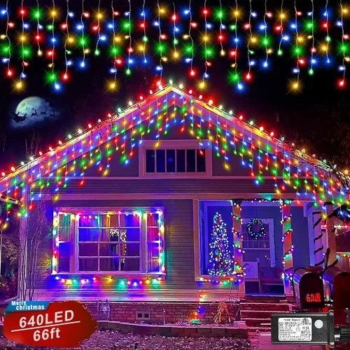 Miniatura 16 de Luces de carámbano para exteriores, 16.5 pies, 200 luces LED de Navidad para exteriores, impermeables, 8 modos de enchufe, cortina de luz conectable
